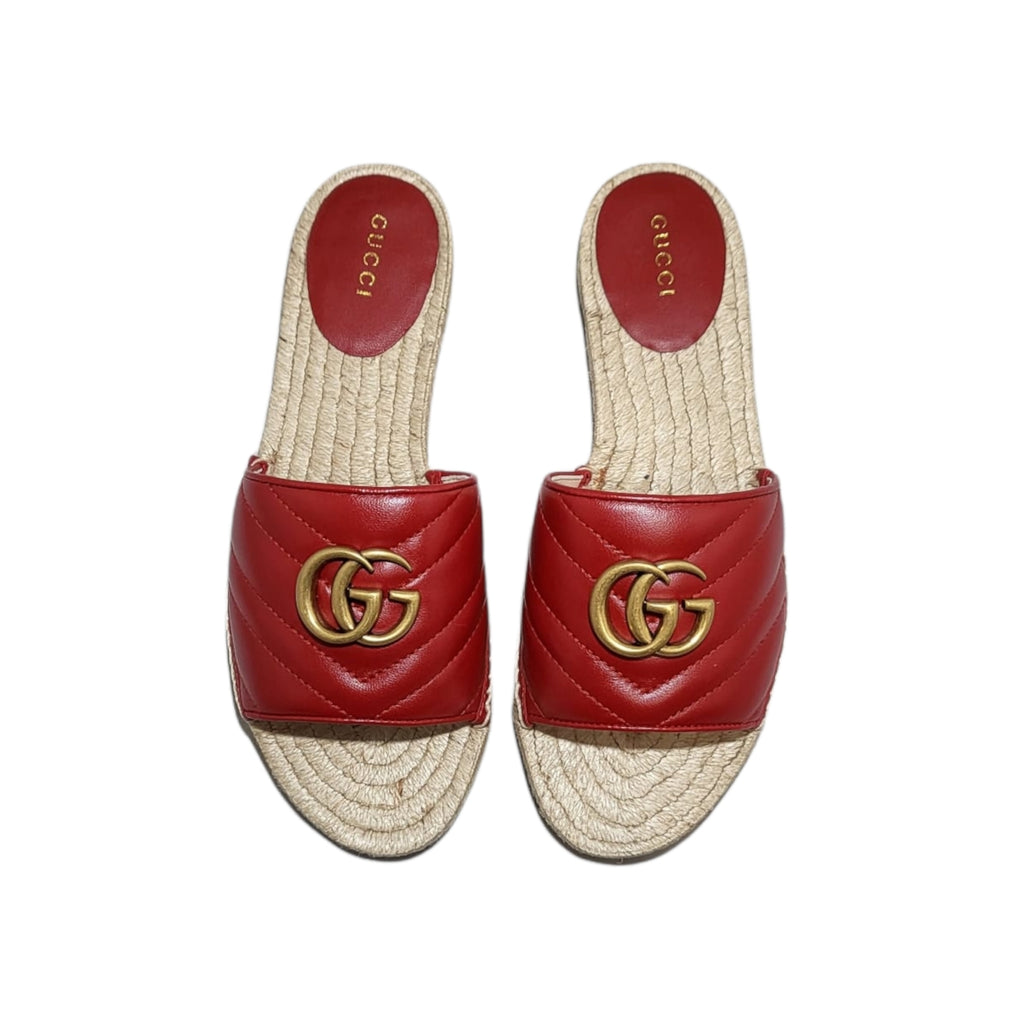 Gucci Nappa Leather Hibiscus Red Espadrille GG Marmont Slide