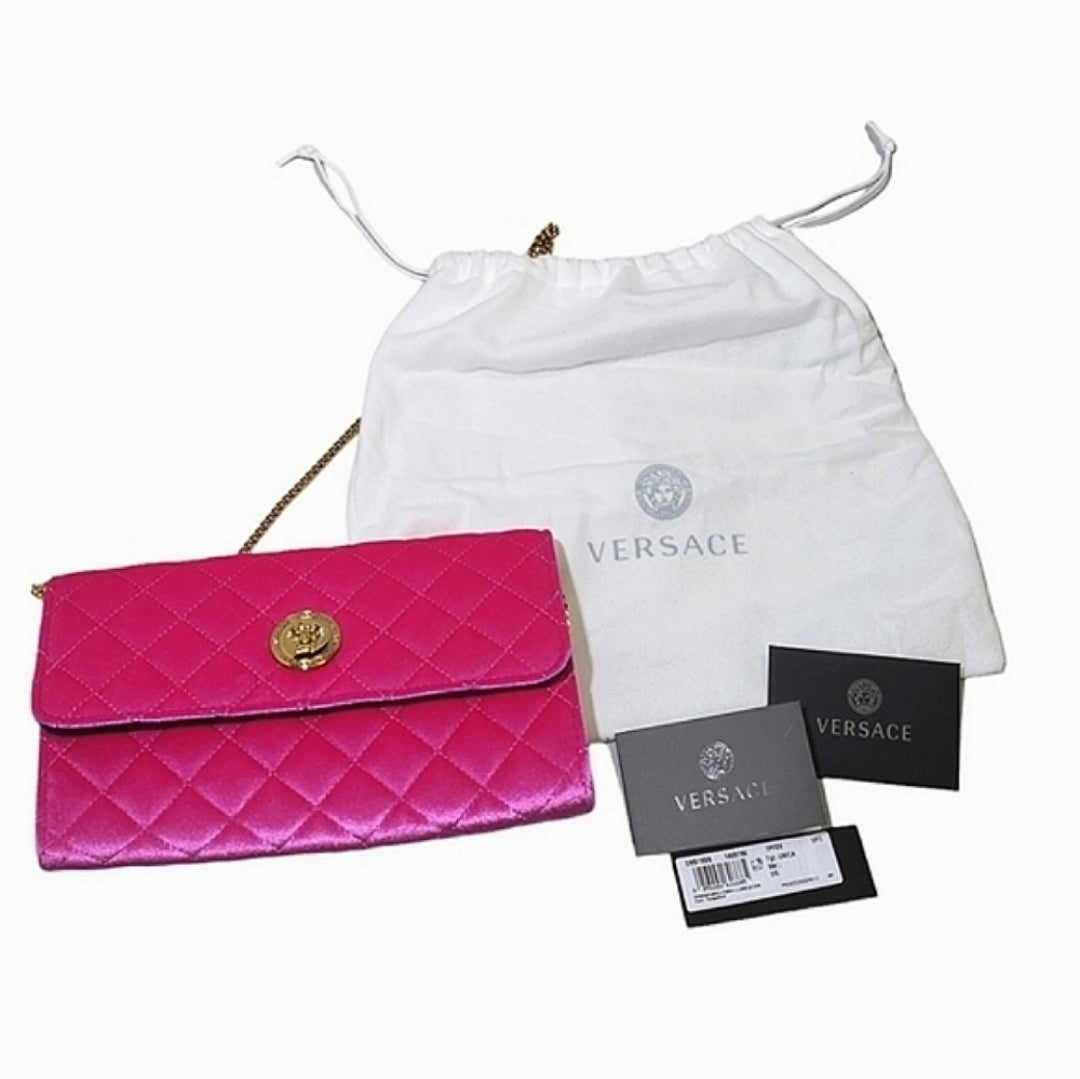 Versace La Medusa Pink Quilted Velvet Shoulder Bag with Medusa Logo Medallion