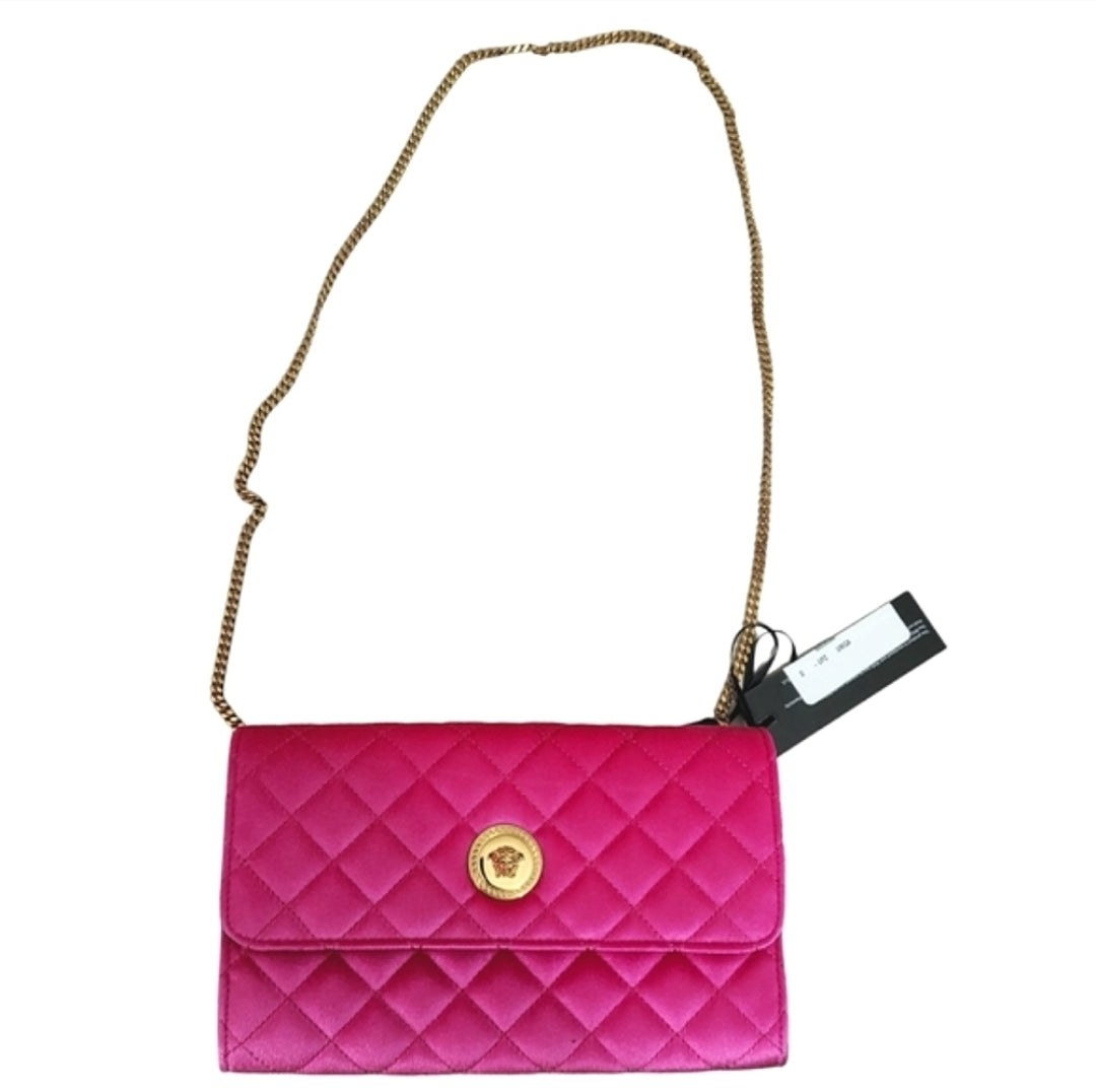 Versace La Medusa Pink Quilted Velvet Shoulder Bag with Medusa Logo Medallion