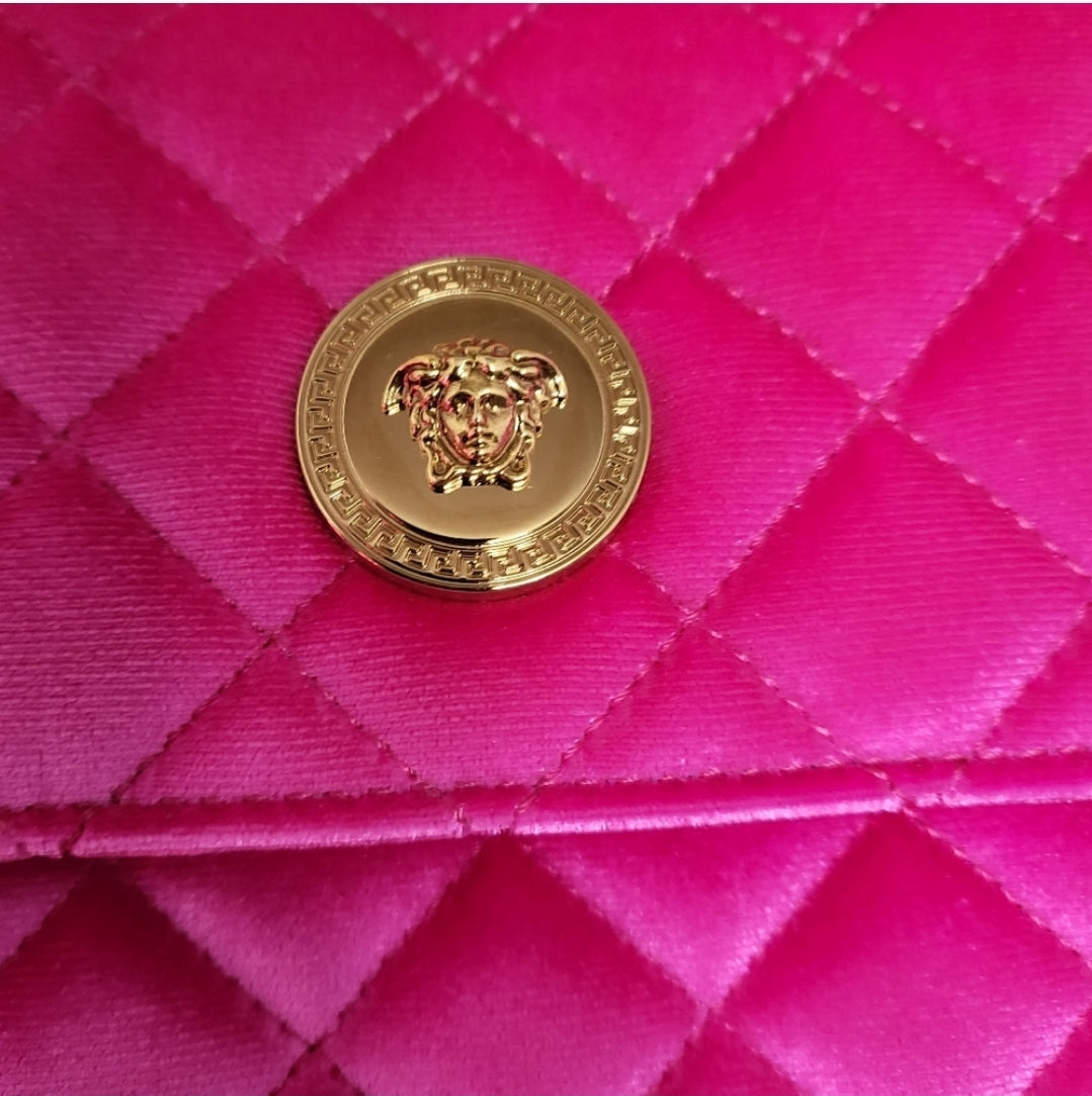 Versace La Medusa Pink Quilted Velvet Shoulder Bag with Medusa Logo Medallion