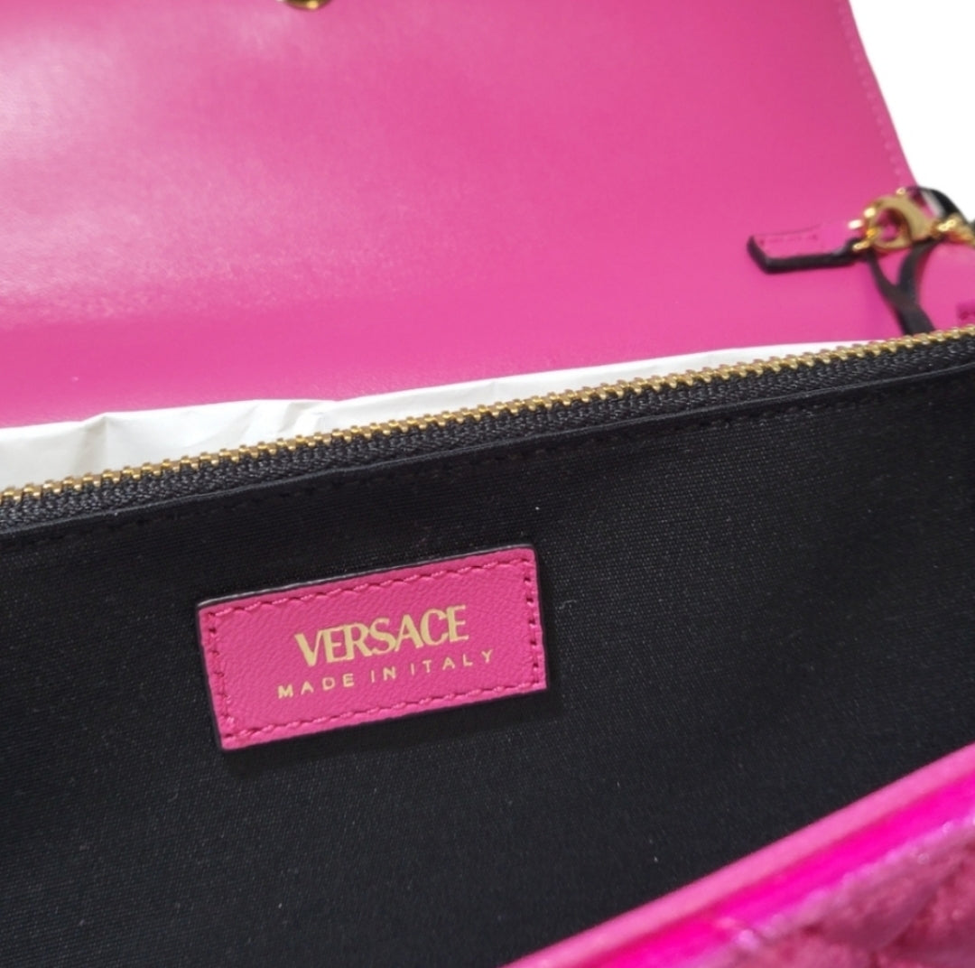 Versace La Medusa Pink Quilted Velvet Shoulder Bag with Medusa Logo Medallion