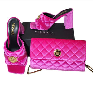 Versace La Medusa Pink Quilted Velvet Shoulder Bag with Medusa Logo Medallion