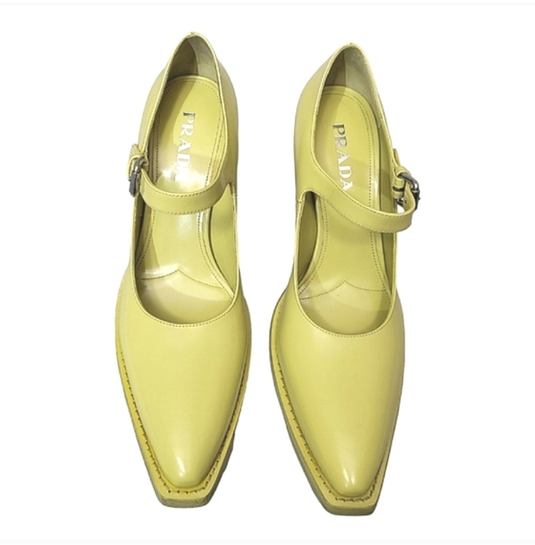 Prada 90mm Mary Jane Brushed Leather Pumps Lime