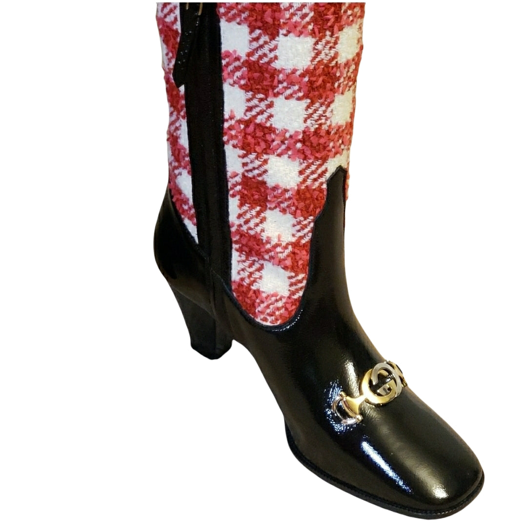 Gucci Zumi Red and White Tweed Knee Boots