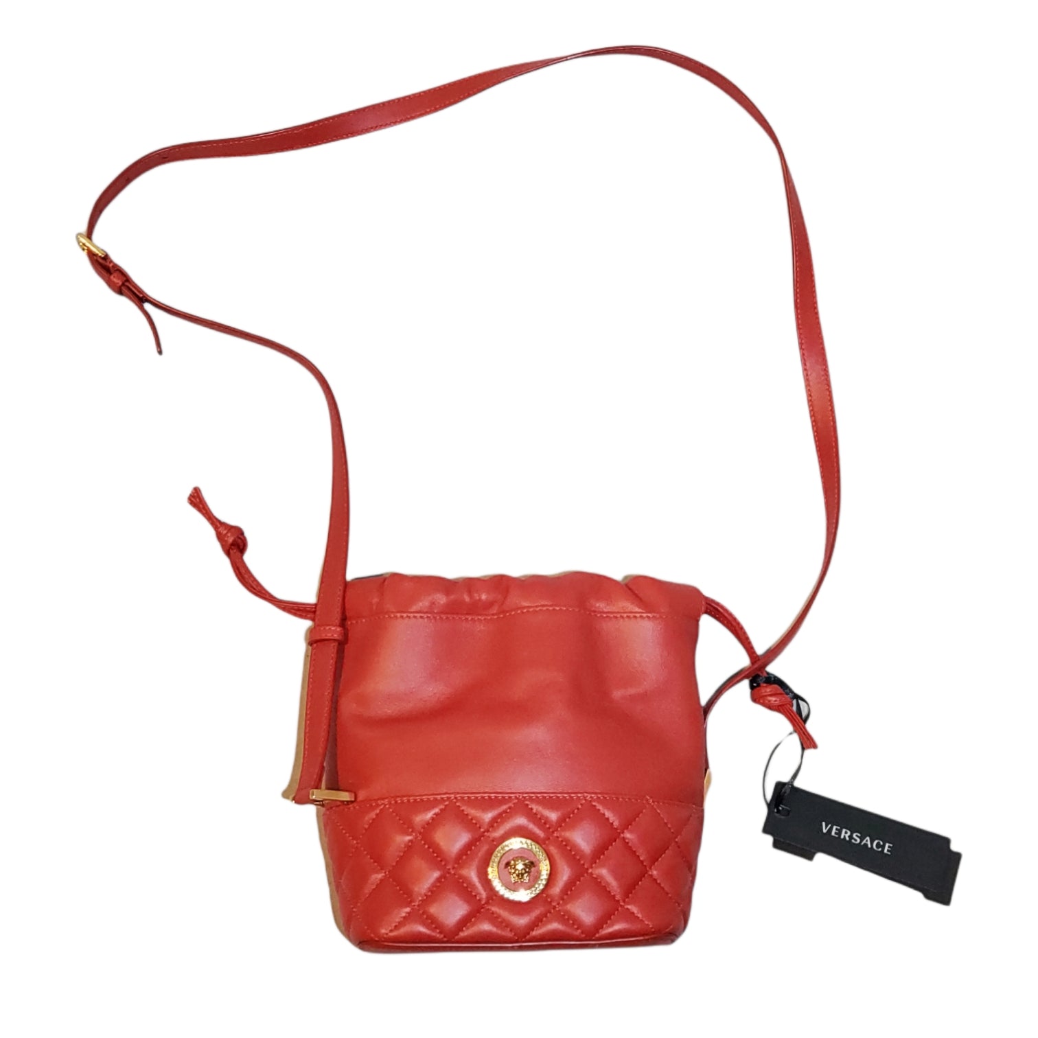 Versace Red Quilted Leather Drawstring Shoulder Bag Bucket Crossbody Handbag