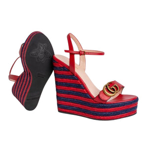 Gucci Marmont Red Leather Espadrille Platform Wedge Sandals