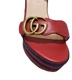 Gucci Marmont Red Leather Espadrille Platform Wedge Sandals