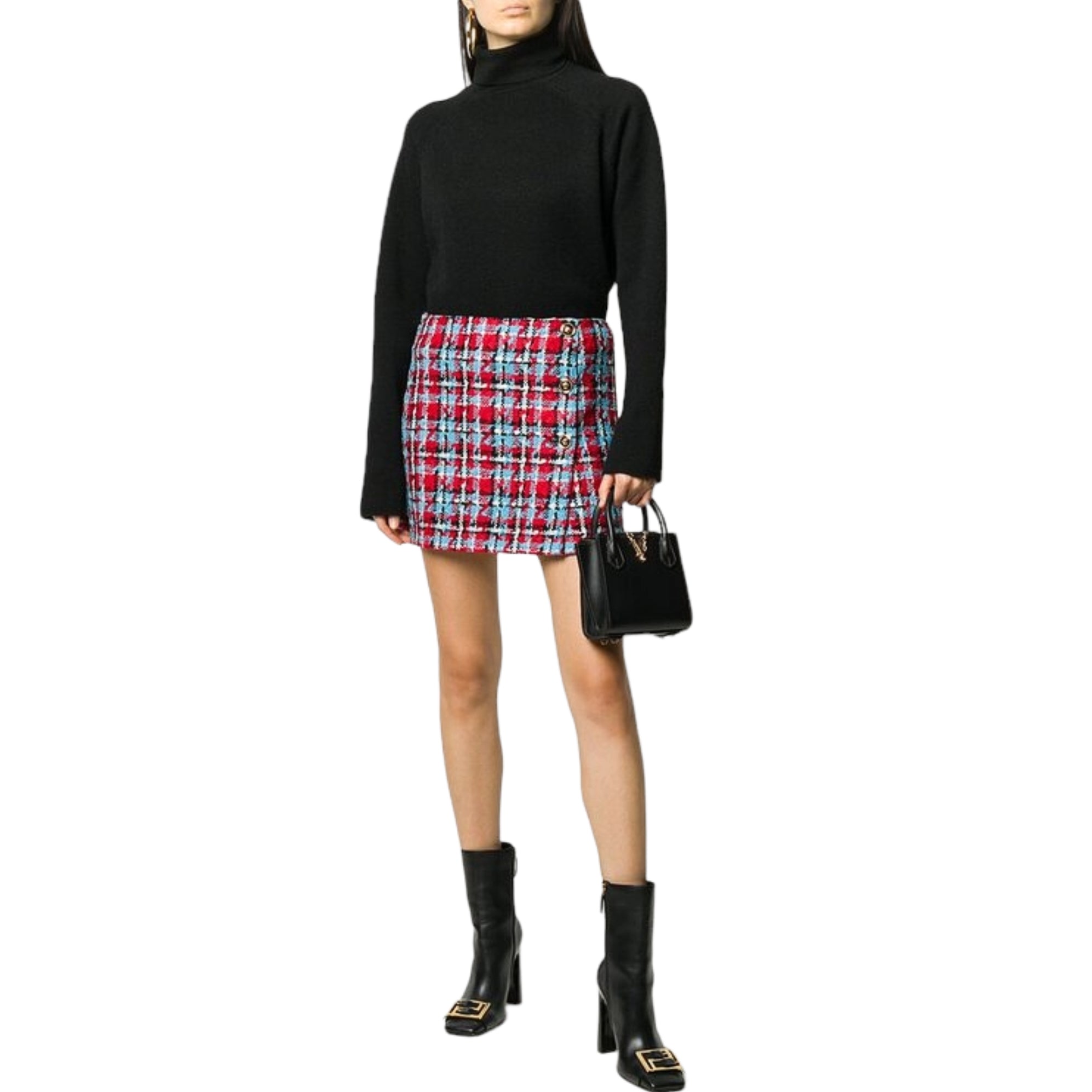 Versace Blue and Red Check A-Line Wool Skirt