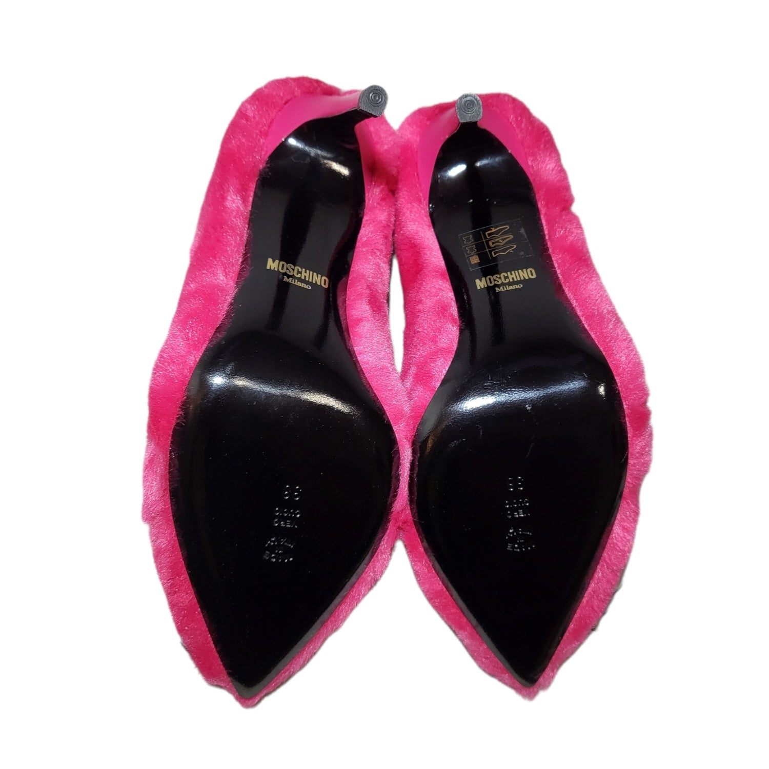 RARE Moschino Pink Faux Fur Eye Embellished Stiletto Pump Heels