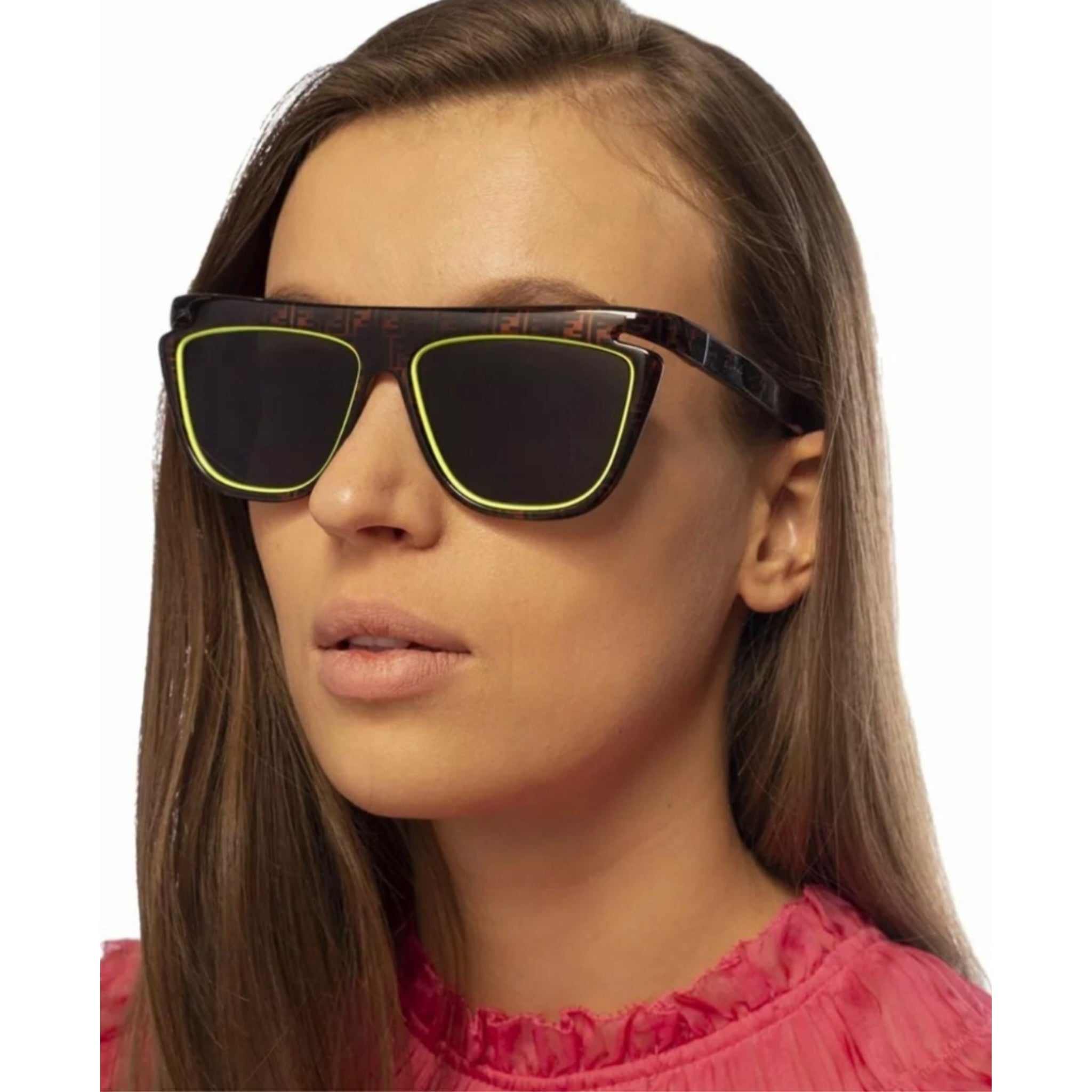 Fendi Flat Top Sunglasses w/ Logo Frames and Lime Lens Trim