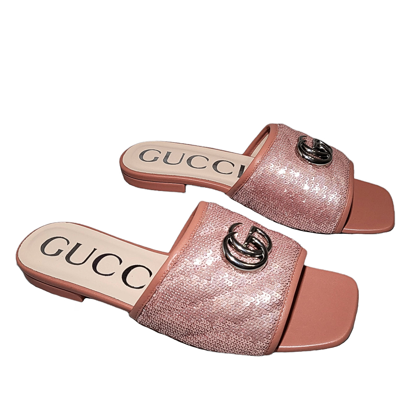 Gucci Quilted Pink Sequins Marmont Square Toe Slide Mules