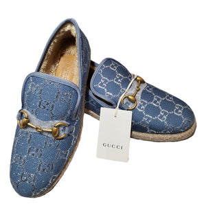 Gucci Blue Horsebit Loafers with Silver Metallic GG Print