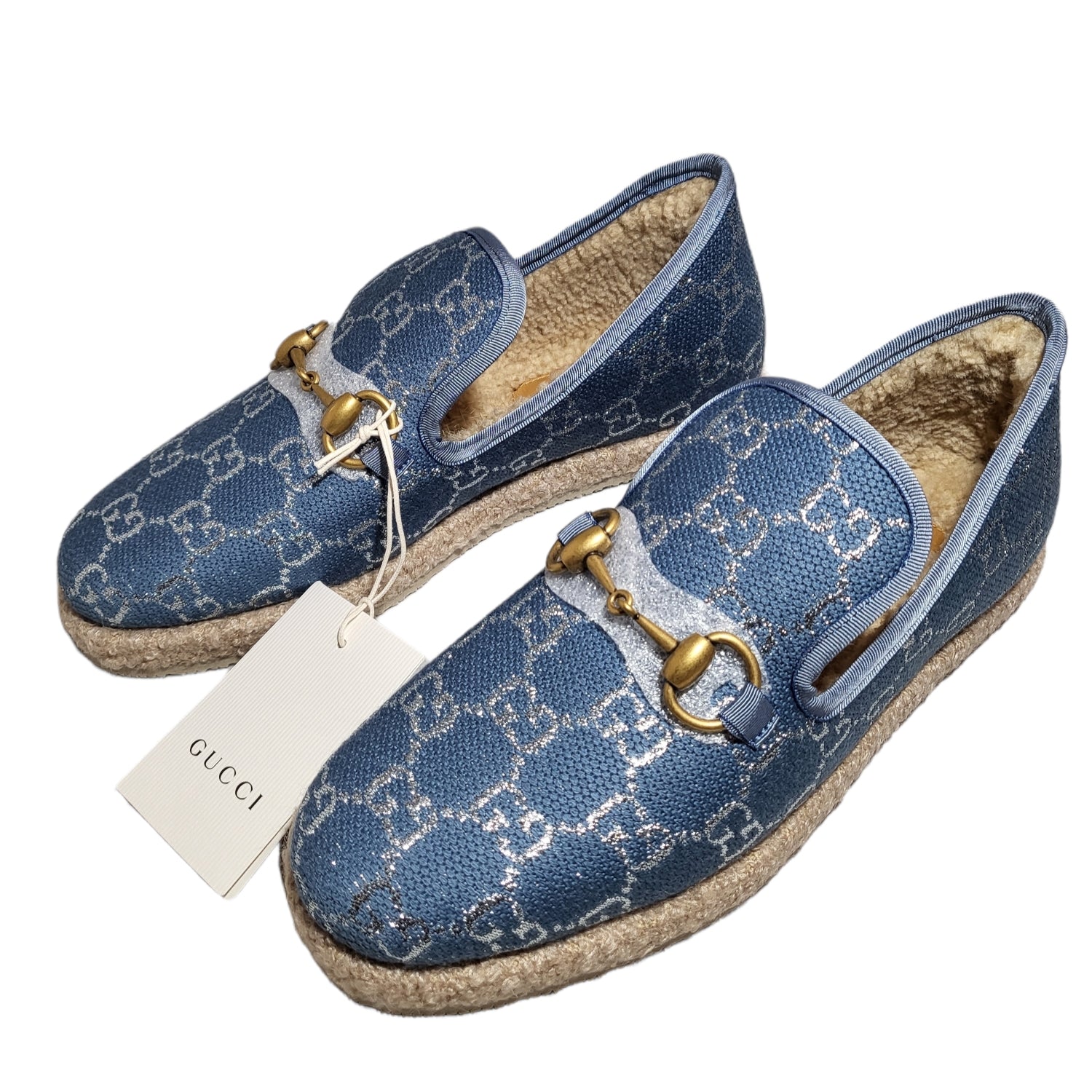 Gucci Blue Horsebit Loafers with Silver Metallic GG Print