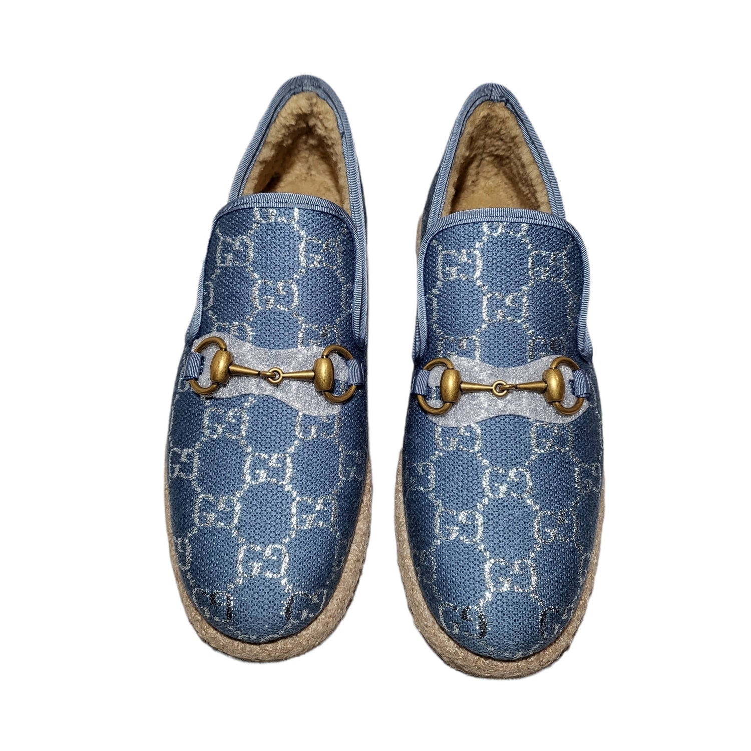 Gucci Blue Horsebit Loafers with Silver Metallic GG Print