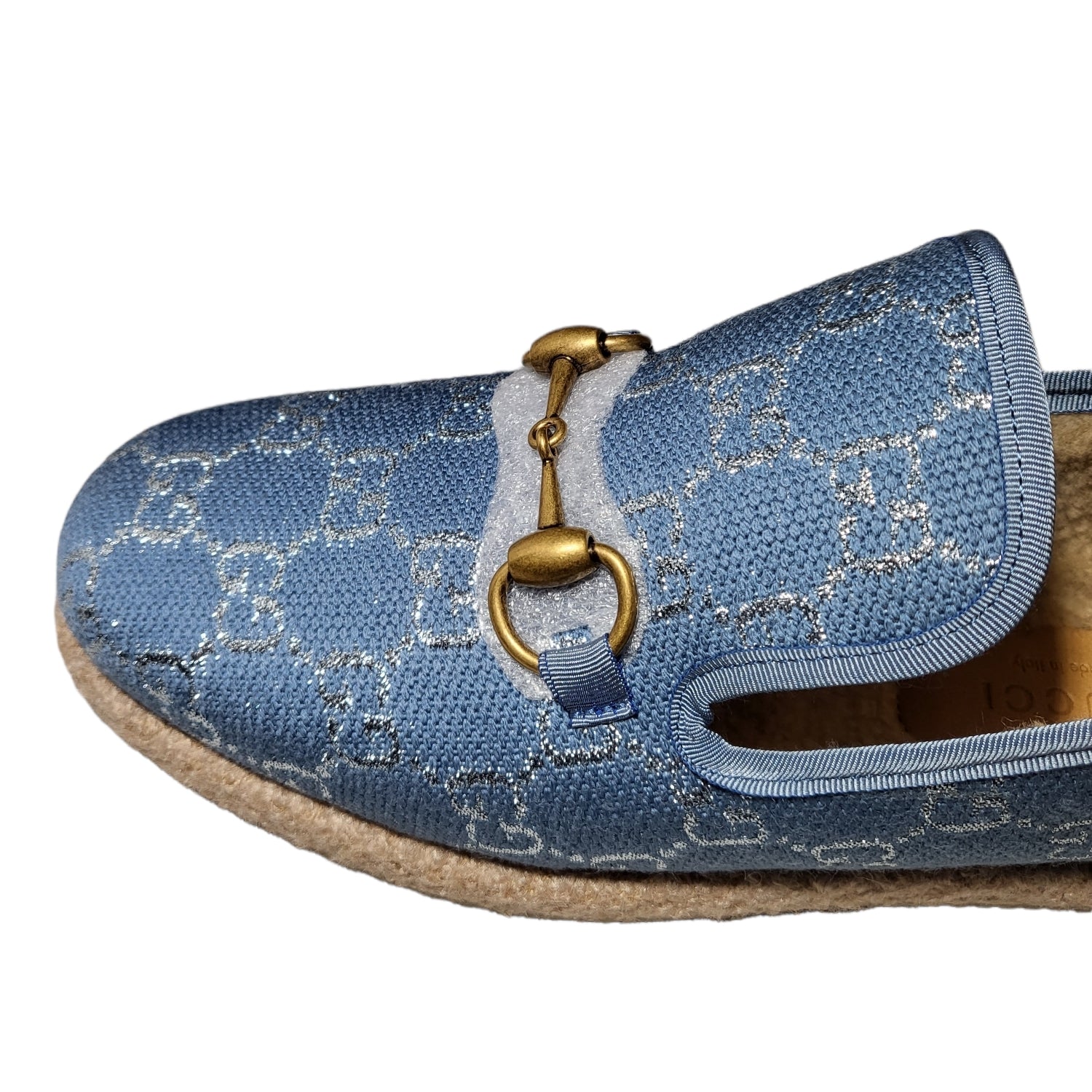 Gucci Blue Horsebit Loafers with Silver Metallic GG Print