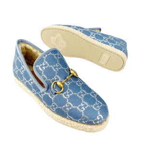 Gucci Blue Horsebit Loafers with Silver Metallic GG Print