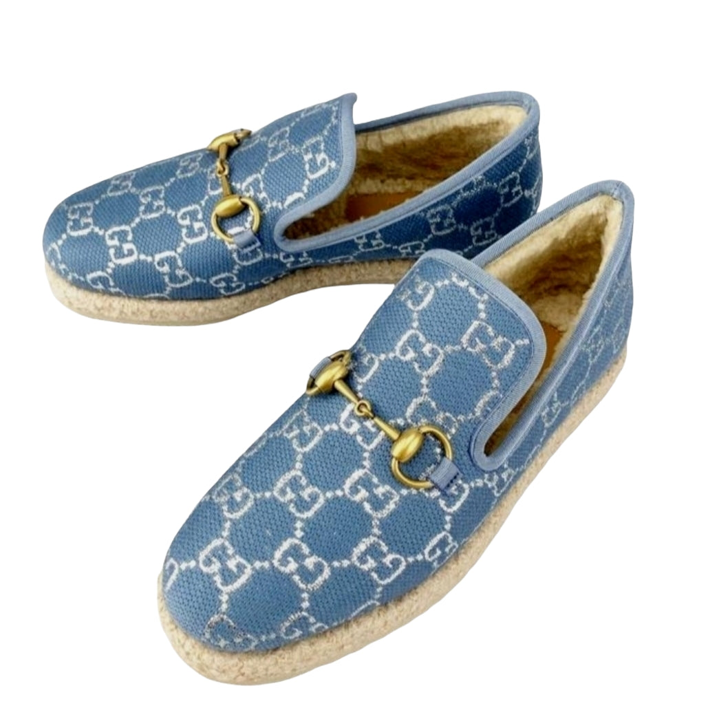 Gucci Blue Horsebit Loafers with Silver Metallic GG Print