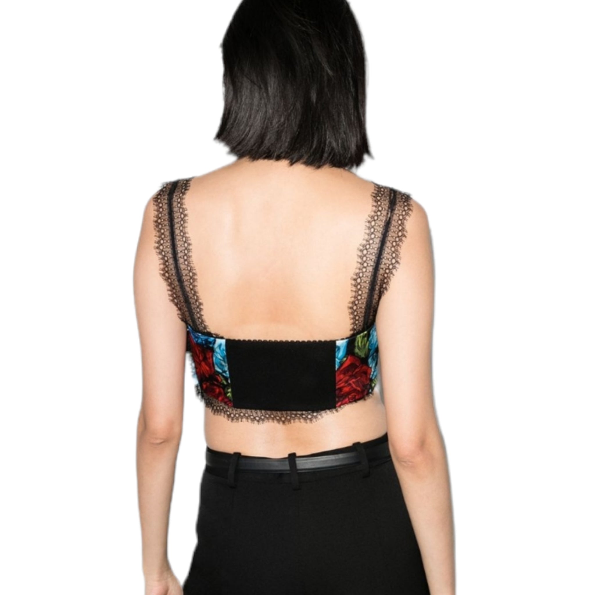 Versace Floral Print Black Lace Strap Crop Top / Bralette