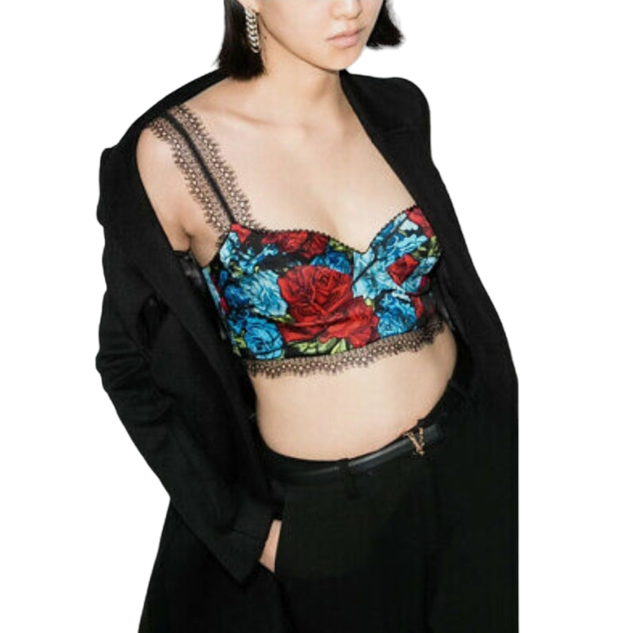 Versace Floral Print Black Lace Strap Crop Top / Bralette