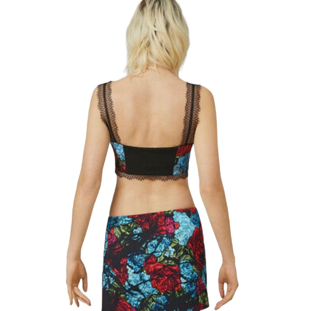 Versace Floral Print Black Lace Strap Crop Top / Bralette