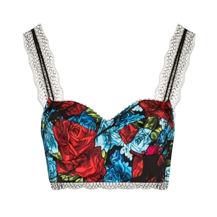 Versace Floral Print Black Lace Strap Crop Top / Bralette