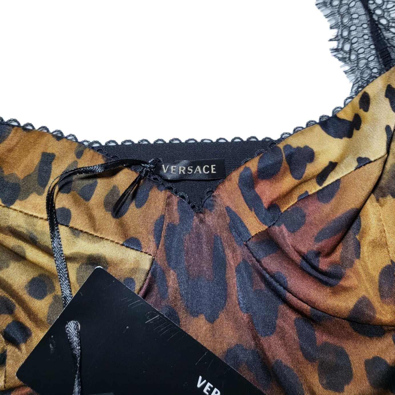 Versace Leopard Print Black Lace Strap Crop Top / Bralette