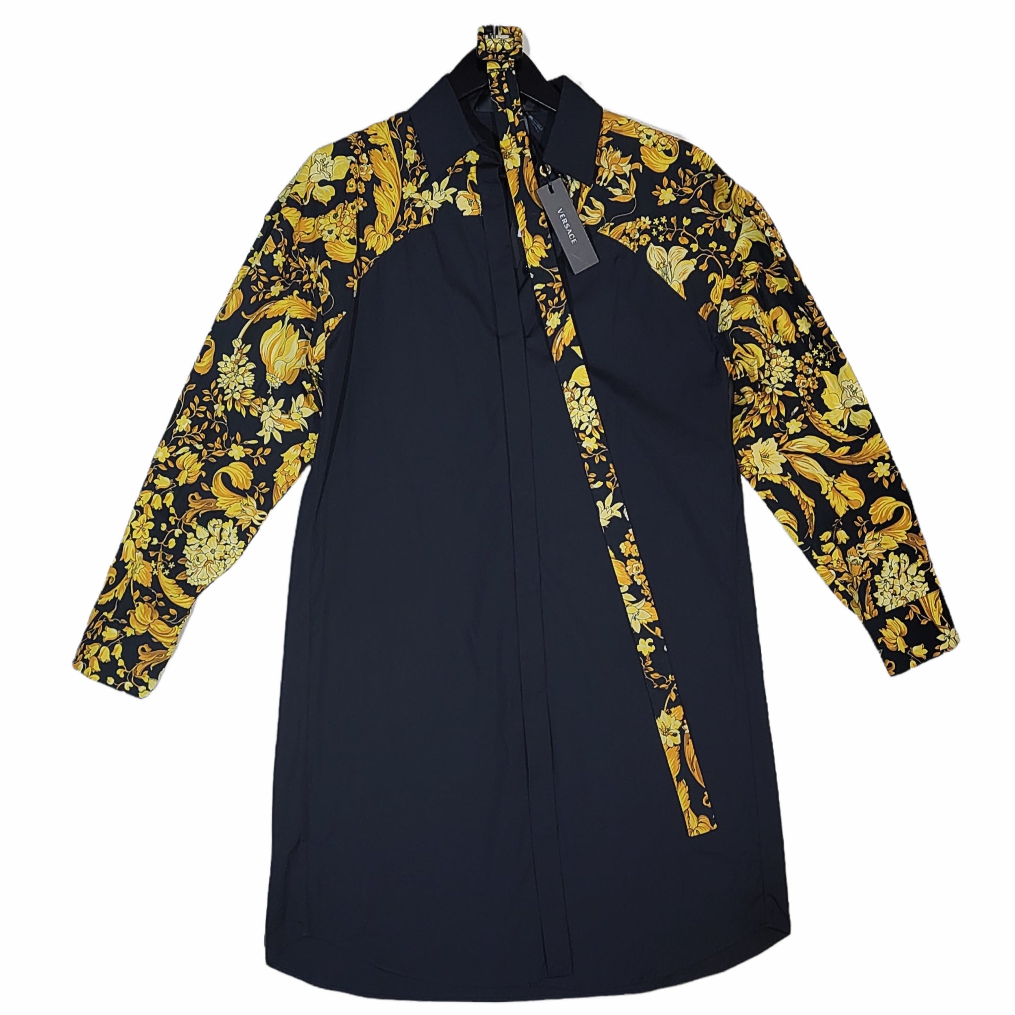 Versace Button Down Belted Shirt-Style Dress with Baroque Garden Print Sleeves