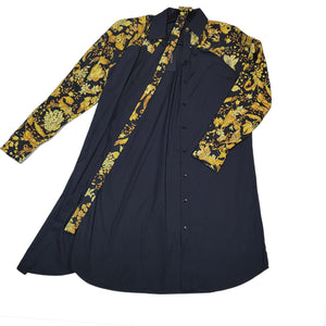 Versace Button Down Belted Shirt-Style Dress with Baroque Garden Print Sleeves