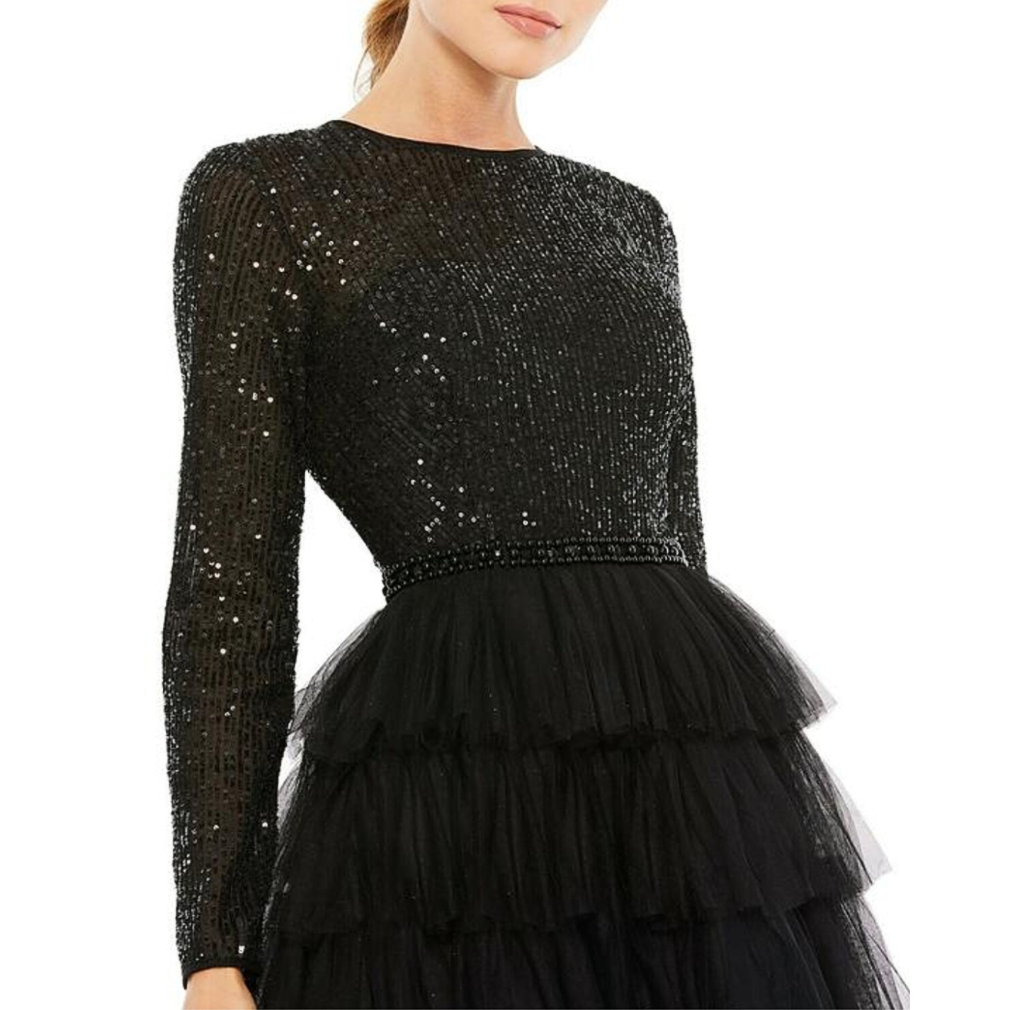 Ruffle Tiered Midi Ieena for Mac Duggal Sequin Bodice Long-Sleeve Dress