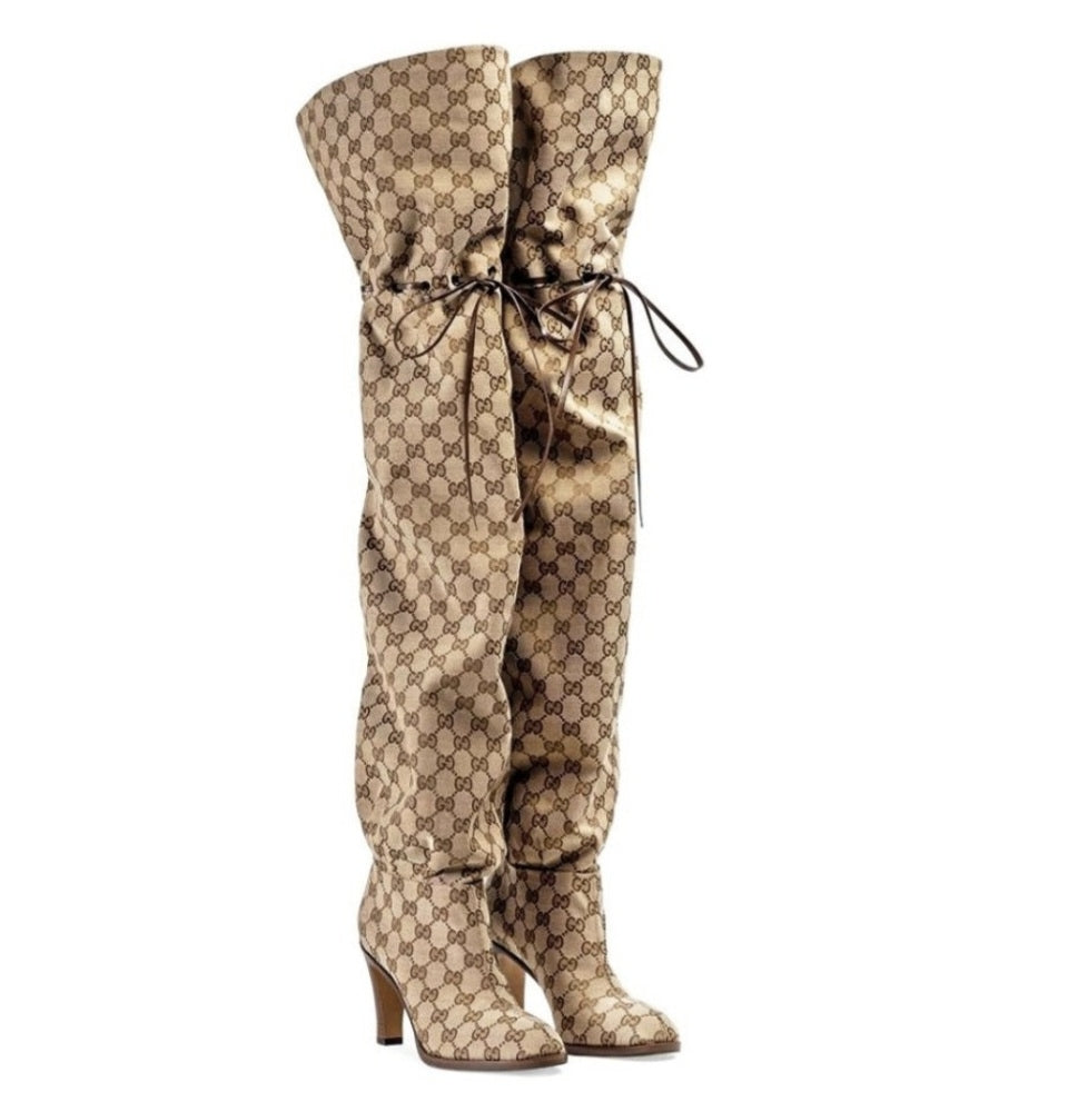 Gucci GG Logo Supreme Thigh High Boots in Natural