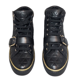 Balmain Black and Gold Leather Quilted Hightop Sneakers