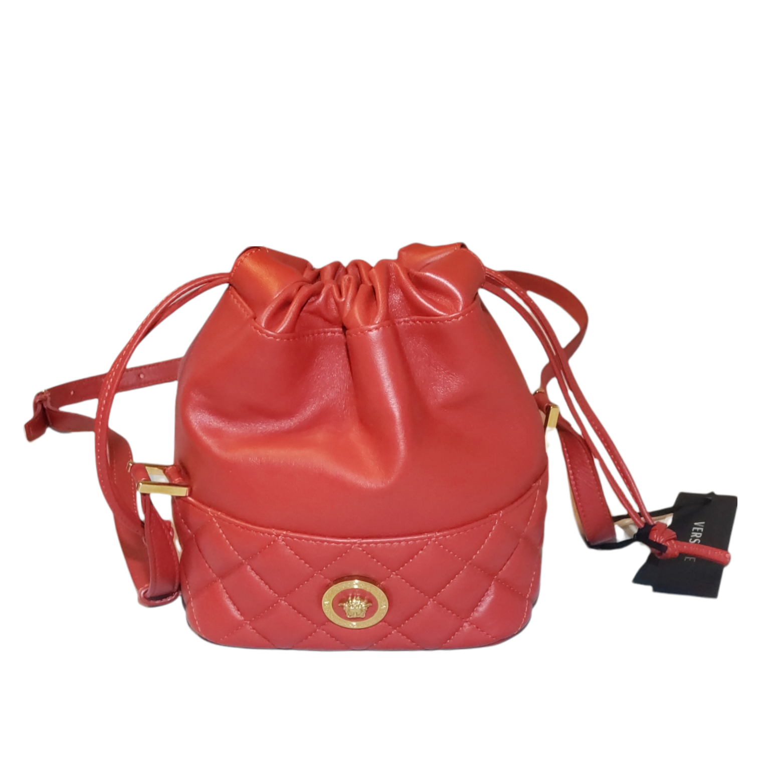 Versace Red Leather Medusa Quilted Drawstring Bucket Bag DBFI173S