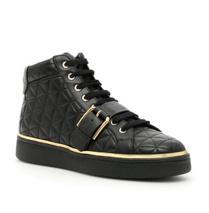 Balmain Black and Gold Leather Quilted Hightop Sneakers