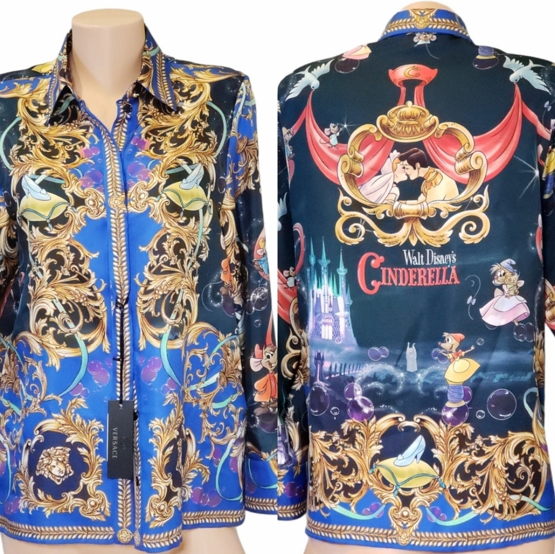 Versace Blue Disney Cinderella Silk Button-down Shirt S