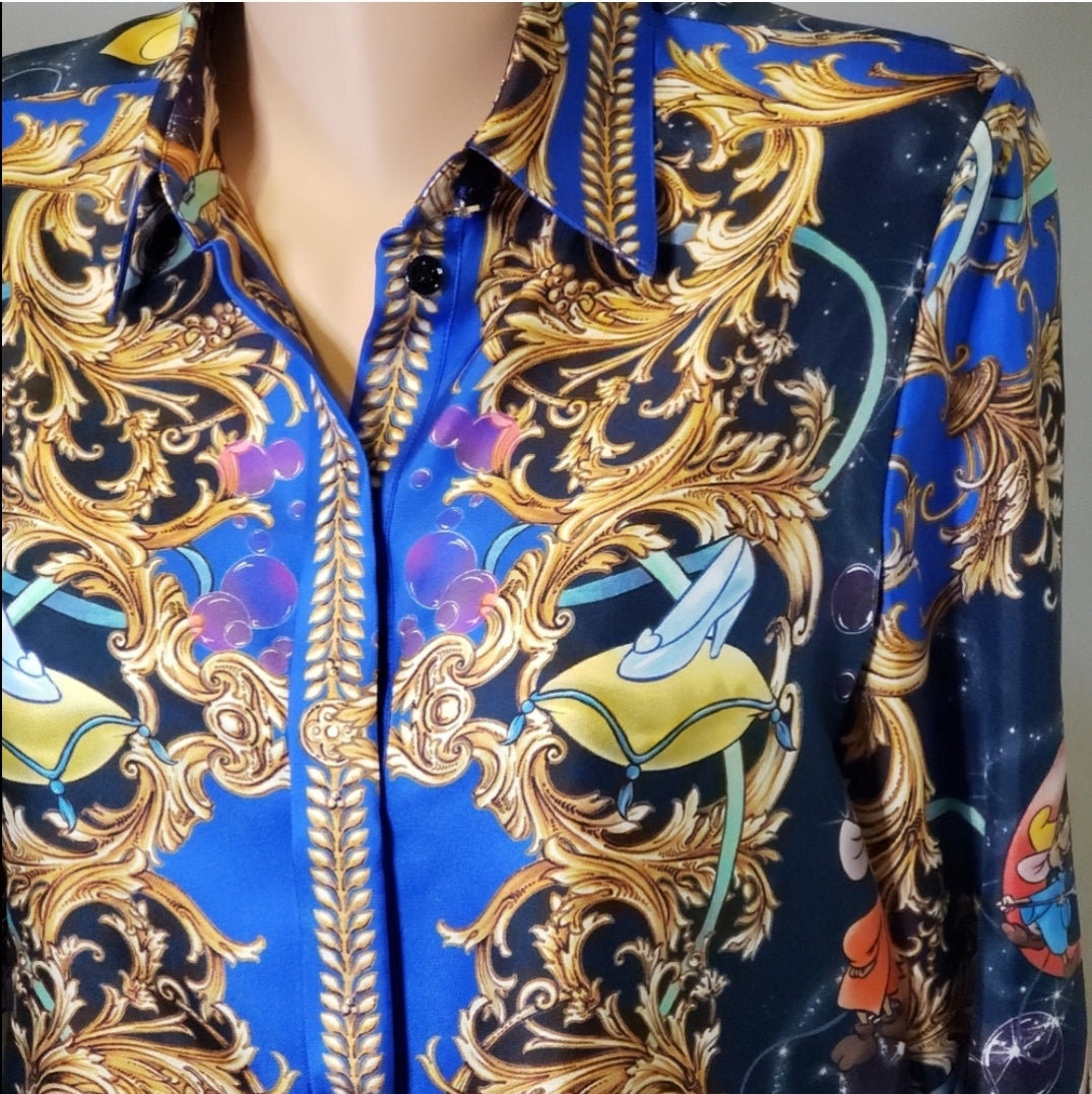 Versace Blue Disney Cinderella Silk Button-down Shirt XS