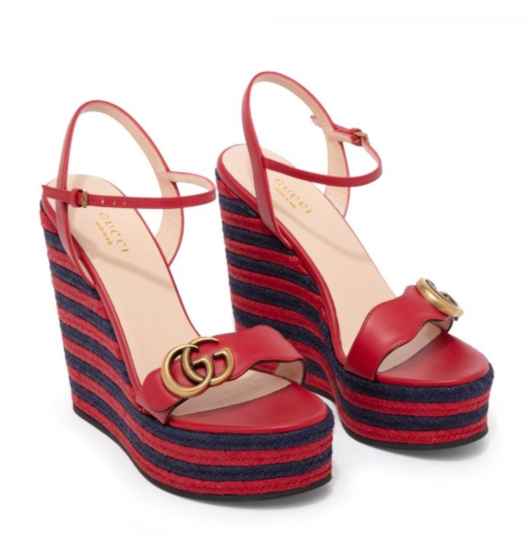 Gucci Marmont Red Leather Espadrille Platform Wedge Sandals