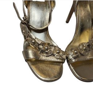 Michael Kors "Tricia" Gold Metallic Floral Strap Heels