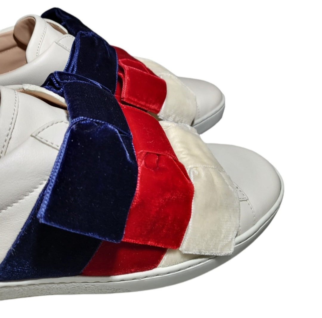 Gucci Women's Ace Leather & Velvet Red, White & Blue Bow Slip-On Sneakers