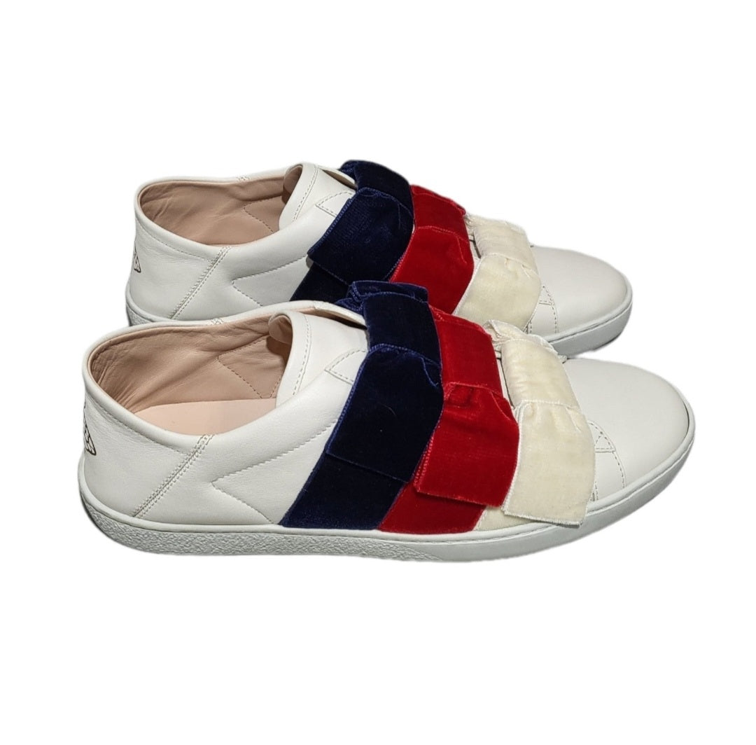 Gucci Women's Ace Leather & Velvet Red, White & Blue Bow Slip-On Sneakers