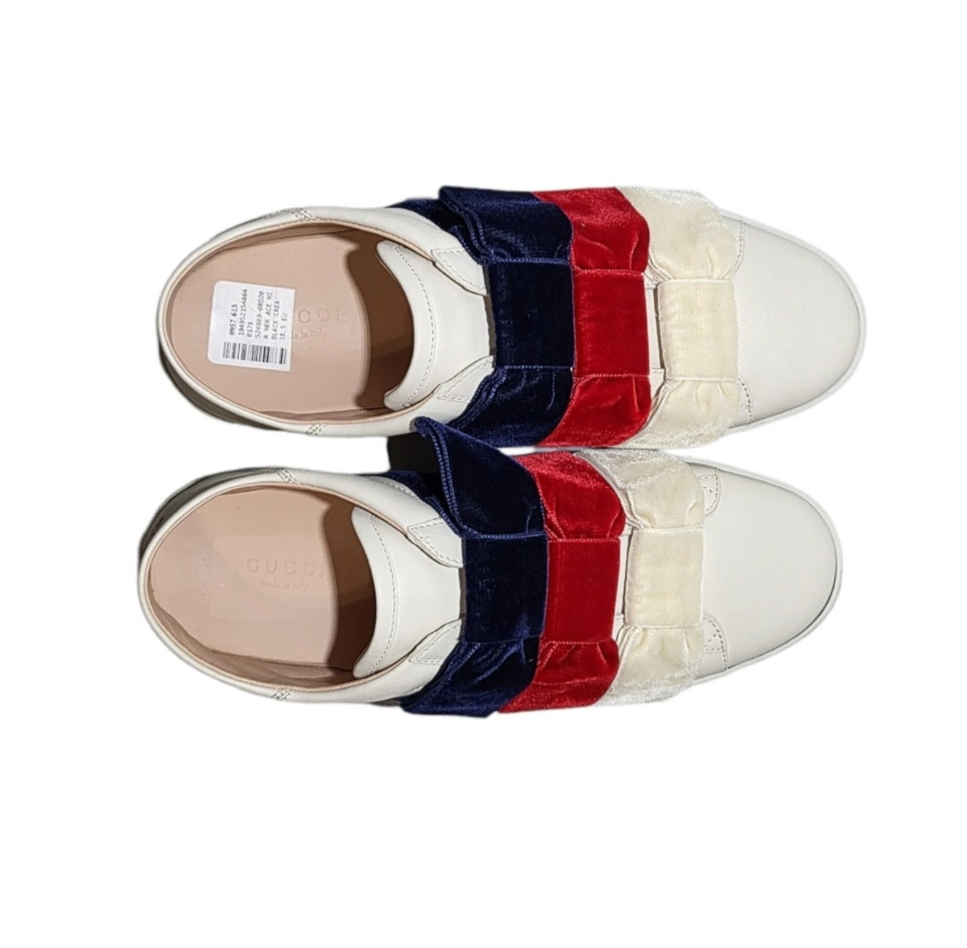 Gucci Women's Ace Leather & Velvet Red, White & Blue Bow Slip-On Sneakers