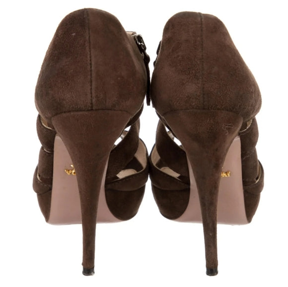 Prada Brown Suede Caged Heels