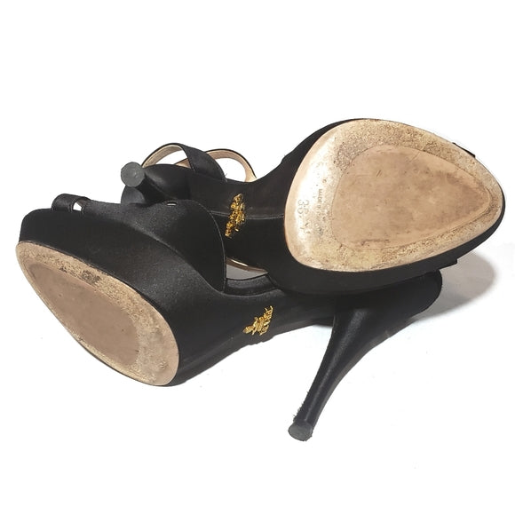 Prada Black Satin Peep Toe Sandal Heels