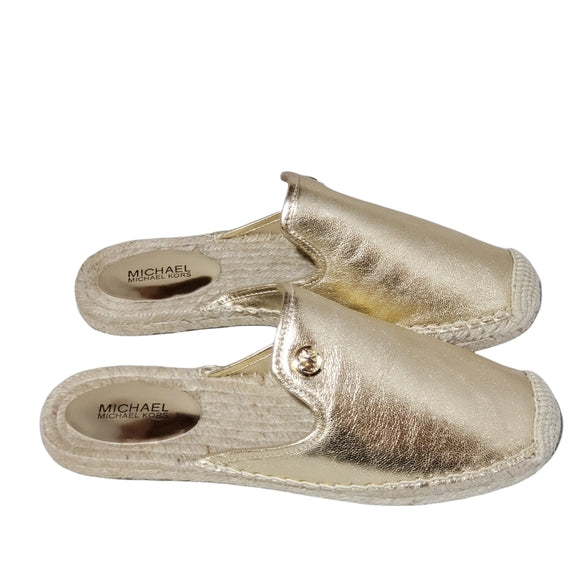 Michael Kors Leather Gold Metallic Espadrille Slip On Mules