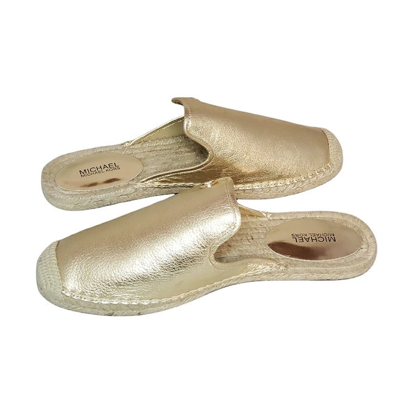 Michael Kors Leather Gold Metallic Espadrille Slip On Mules