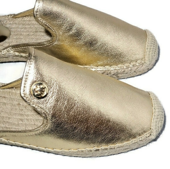 NIB Michael Kors Leather Gold Metallic Espadrille Slip On Mules
